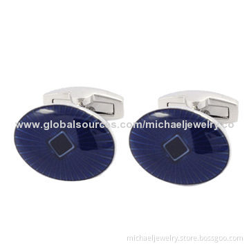 Brass Cufflinks with Blue/Transparent Epoxy and White Steel Plating, Nickel-free
